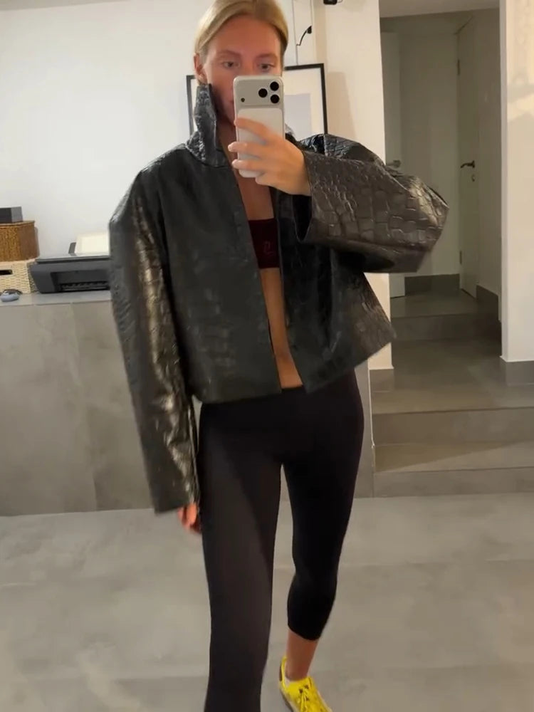 Retro Snake Print Faux Leather Cropped Jacket for Women