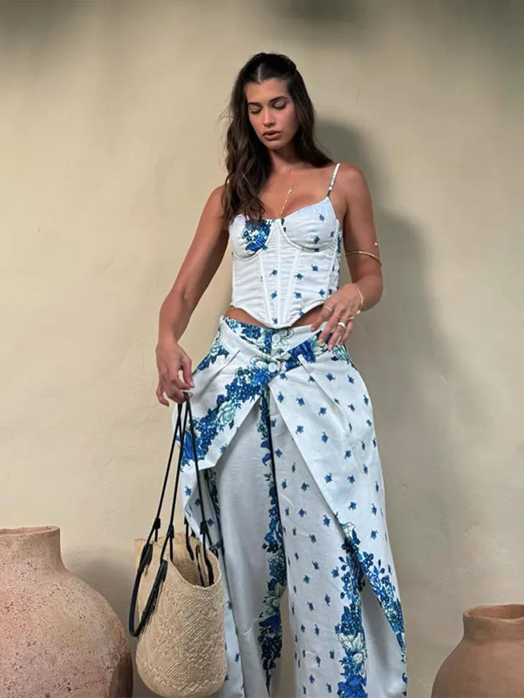 Printed Fishbone Top And Pleated Pants Two Piece Set For Women