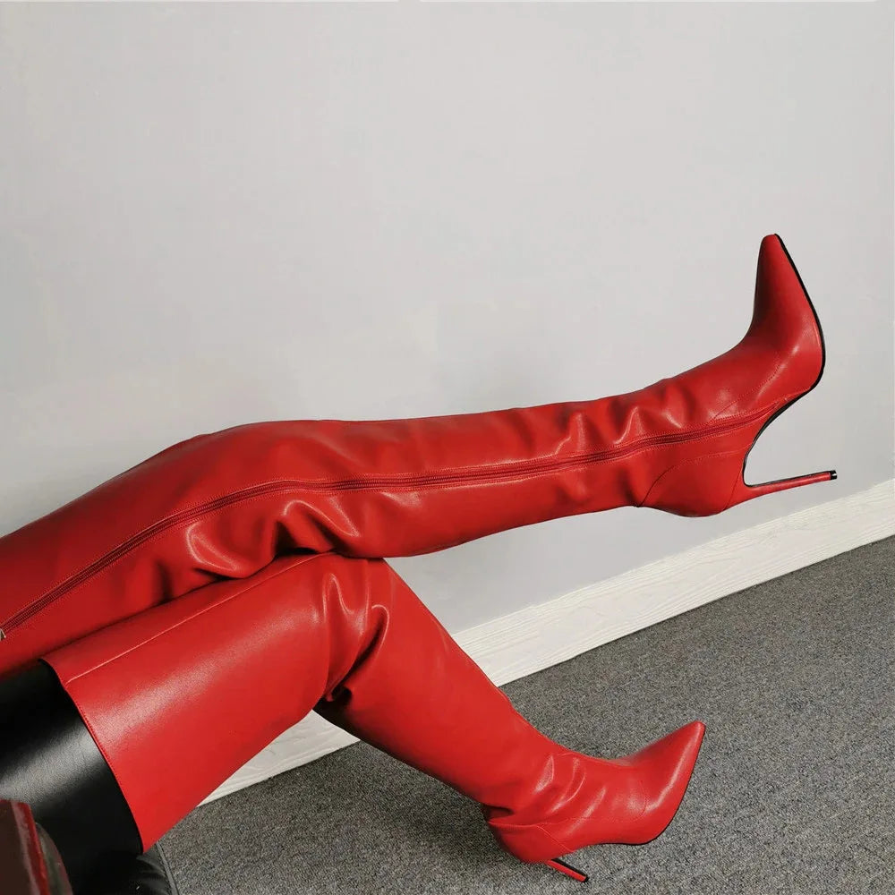Fashion Leather Side Zipper Pointed Toe Stiletto Over The Knee Boots for Women