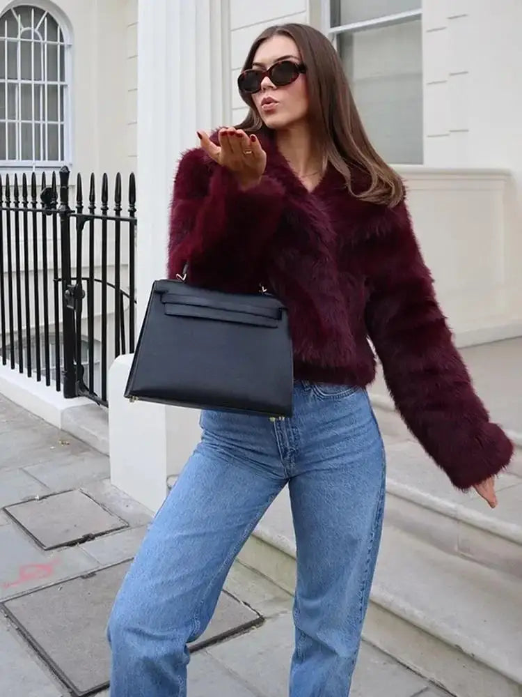 Burgundy Faux Fur Coat Vintage Long Sleeve Furry Warm Jacket Casual Fashion Women Coats 2025 Autumn High Street Lady Outerwear