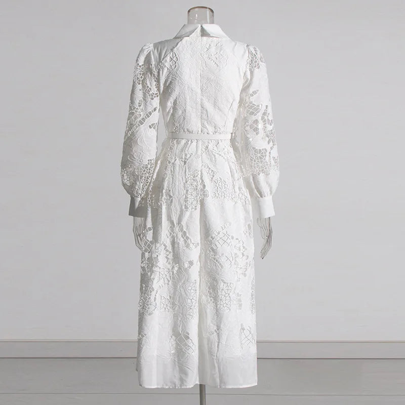 2026 New Spring Autumn Hollow Out Lantern Long Sleeve Women Dresses Elegant Embroidery Single-breasted A-line Casual Shirt Dress