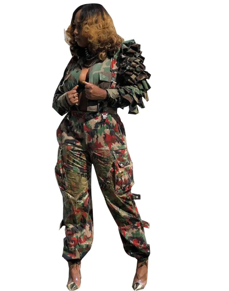Cascading Ruffled Camouflage Crop Jacket for Women