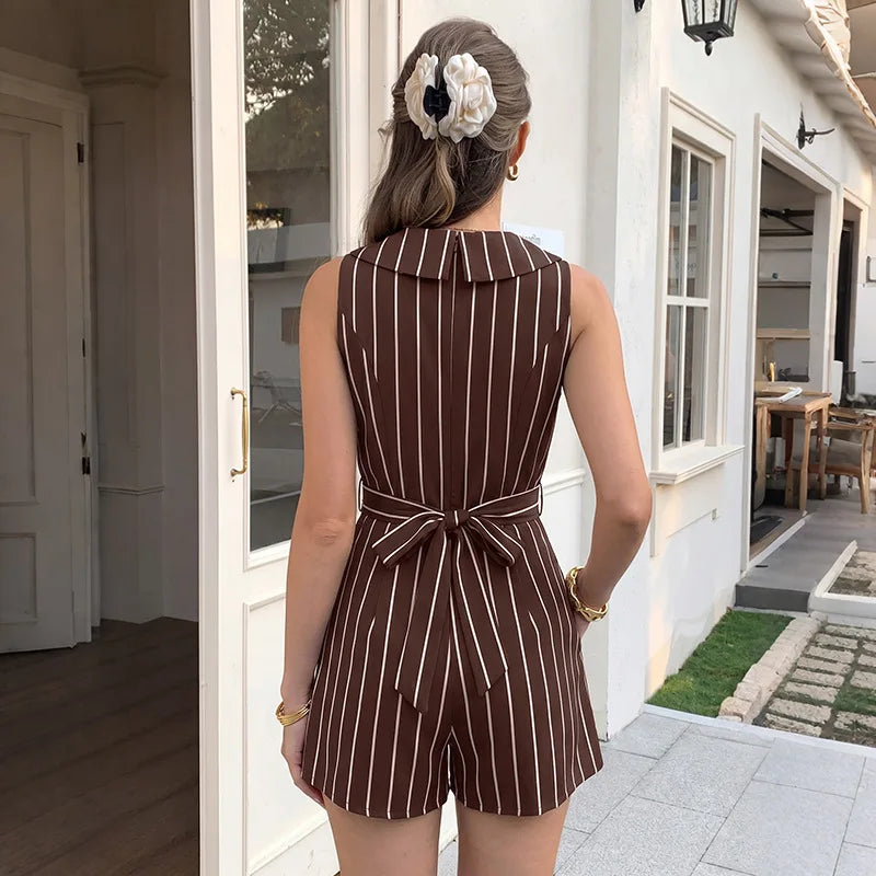 Striped Sleeveless Lapel V Neck High Waist Romper Shorts for Women