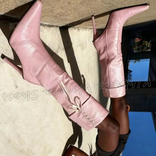 Knee High Satin Boots Spicy Girls Lace-Up Leather Solid Color Fashion Luxury Elegant Women Shoes Concise Pointy Thin Heels New
