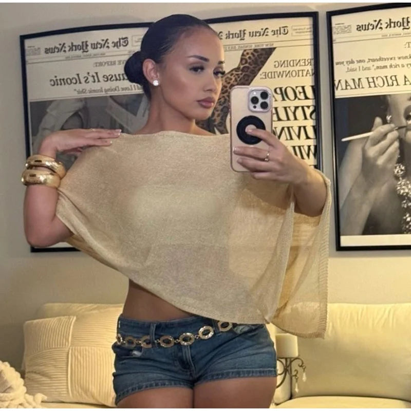 Sheer Knit O Neck Asymmetrical Loose Blouse for Women