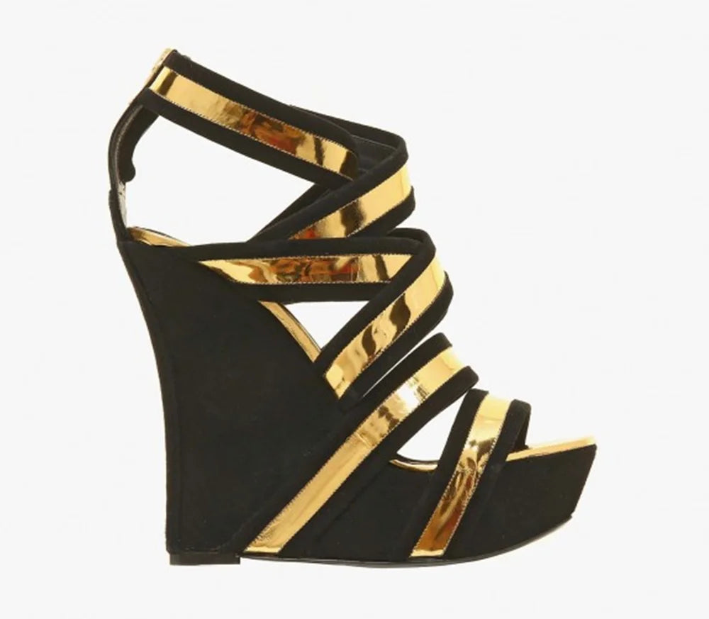 Black Suede Rose Gold Wedge Sandals