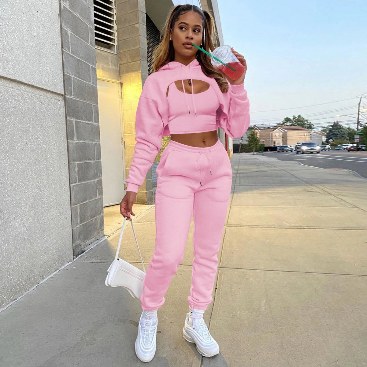 Three-Piece Hooded Sporty Matching Tracksuit Set for Women