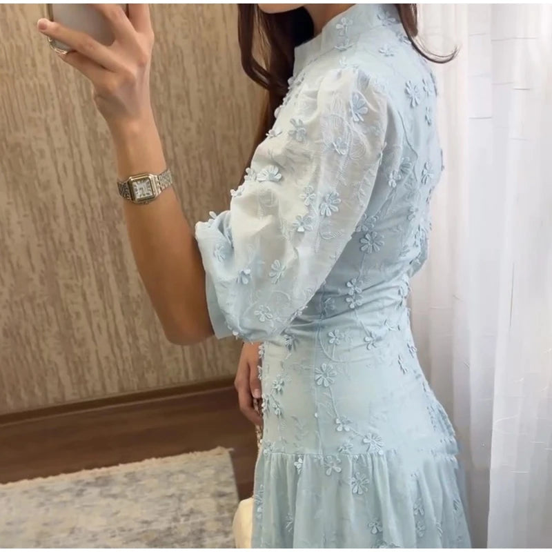 Floral Puff Sleeve Empire Waist Long Dress for Women