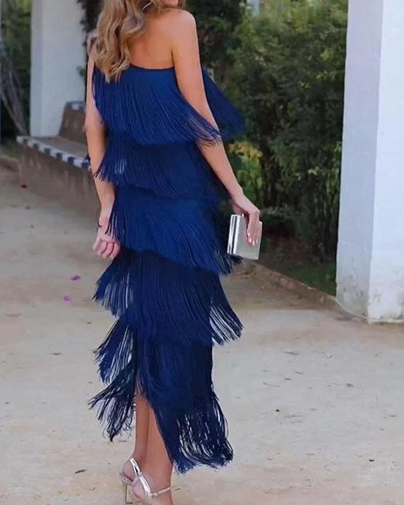 Diagonal Collar Tassel Sleeveless Summer Dress for Women