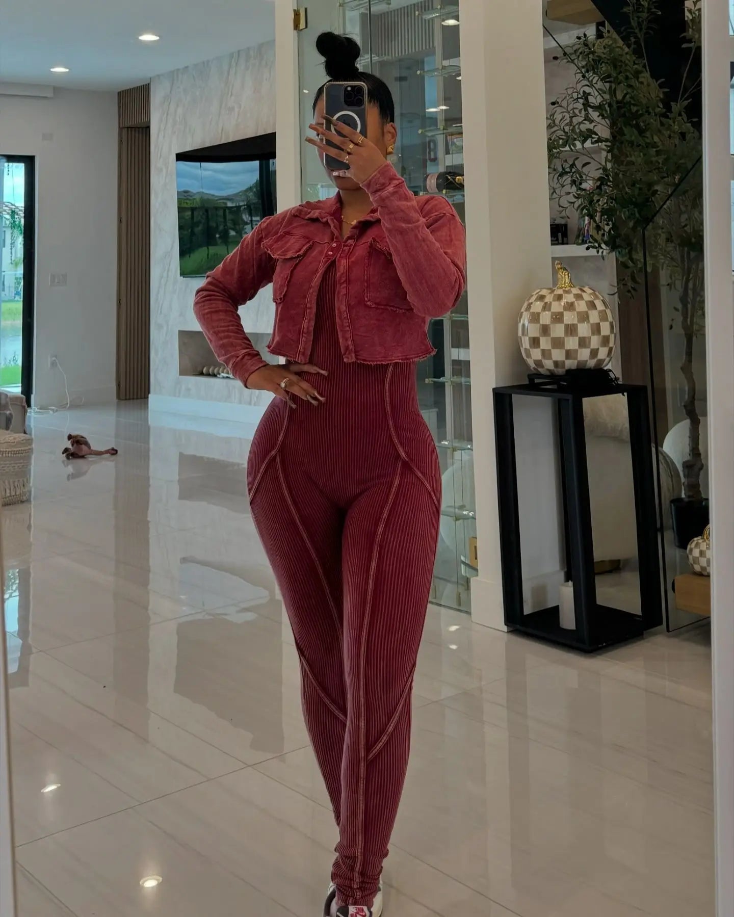 Washed Fabric Two Piece Knit Set