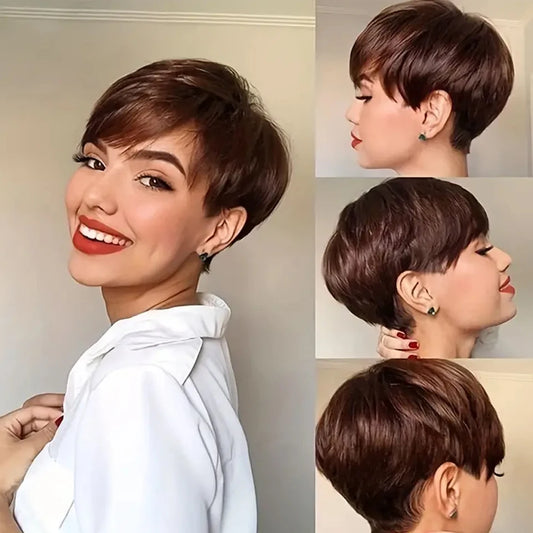Short Straight Pixie Cut Human Hair Wig With Bangs for Women