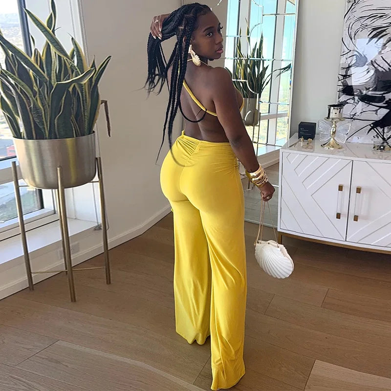 FAGADOER Sexy Ruched Patchwork Bodycon Jumpsuits For Woman Halter Sleeveless Wide-leg Romper Female Streetwear Overalls 2025 New
