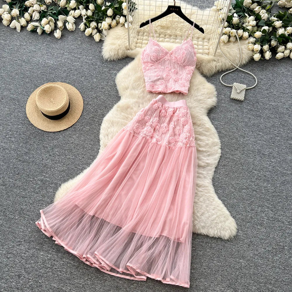 3D Floral Lace Camisole and Pleated Skirt Set for Women