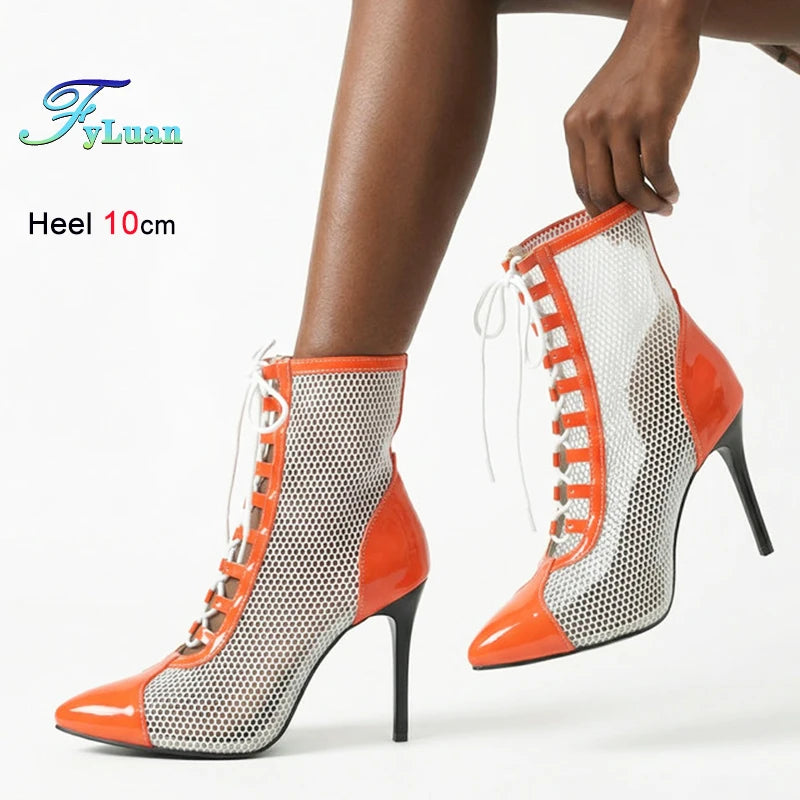 Breathable Mesh Pointy Toe Lace Up Thin Heel Ankle Boots for Women