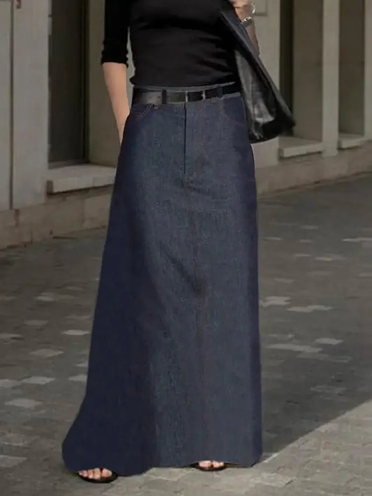 Fashion Imitation Denim H-Line High Waist Skirts Spring Summer Loose Solid Color Pockets Maxi Skirt For Women