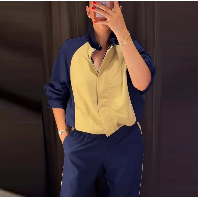 Color Block Two Piece Tracksuit With Cropped Jacket for Women