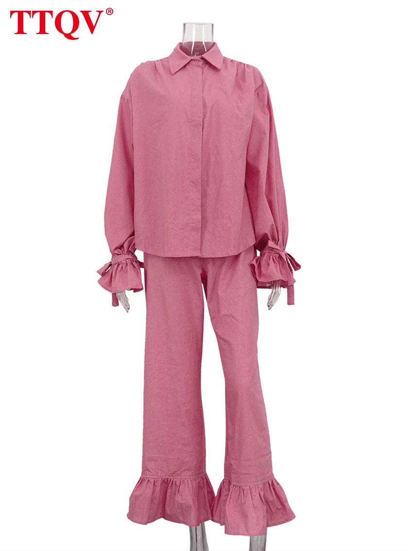 Loose Pink Cotton Shirt and Wide Leg Pants Set for Women
