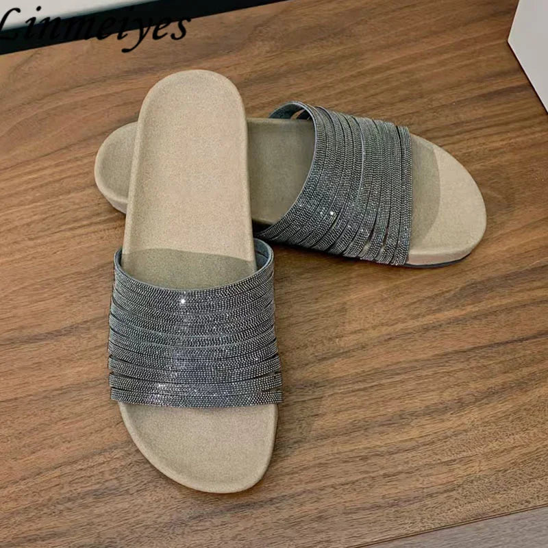 Cow Suede Bead Chain Narrow Strap Slippers for Women