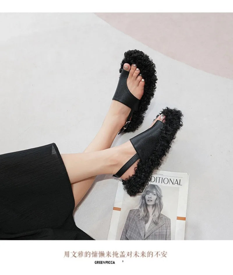 Cozy Plush Buckle Strap Flat Toe Slippers for Women