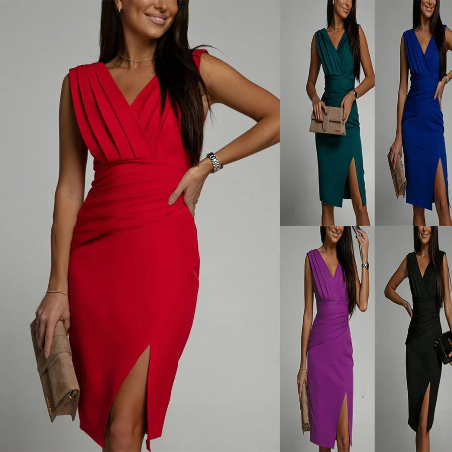 Summer 2026 V-Neck Sleeveless High-Waist Long Dress European Style Women's Evening Gown with Side Slit Elegant Formal Dress