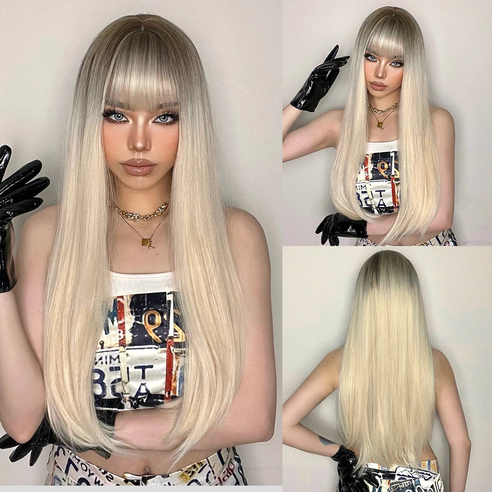 Long Straight Heat Resistant Synthetic Wig With Bangs for Women