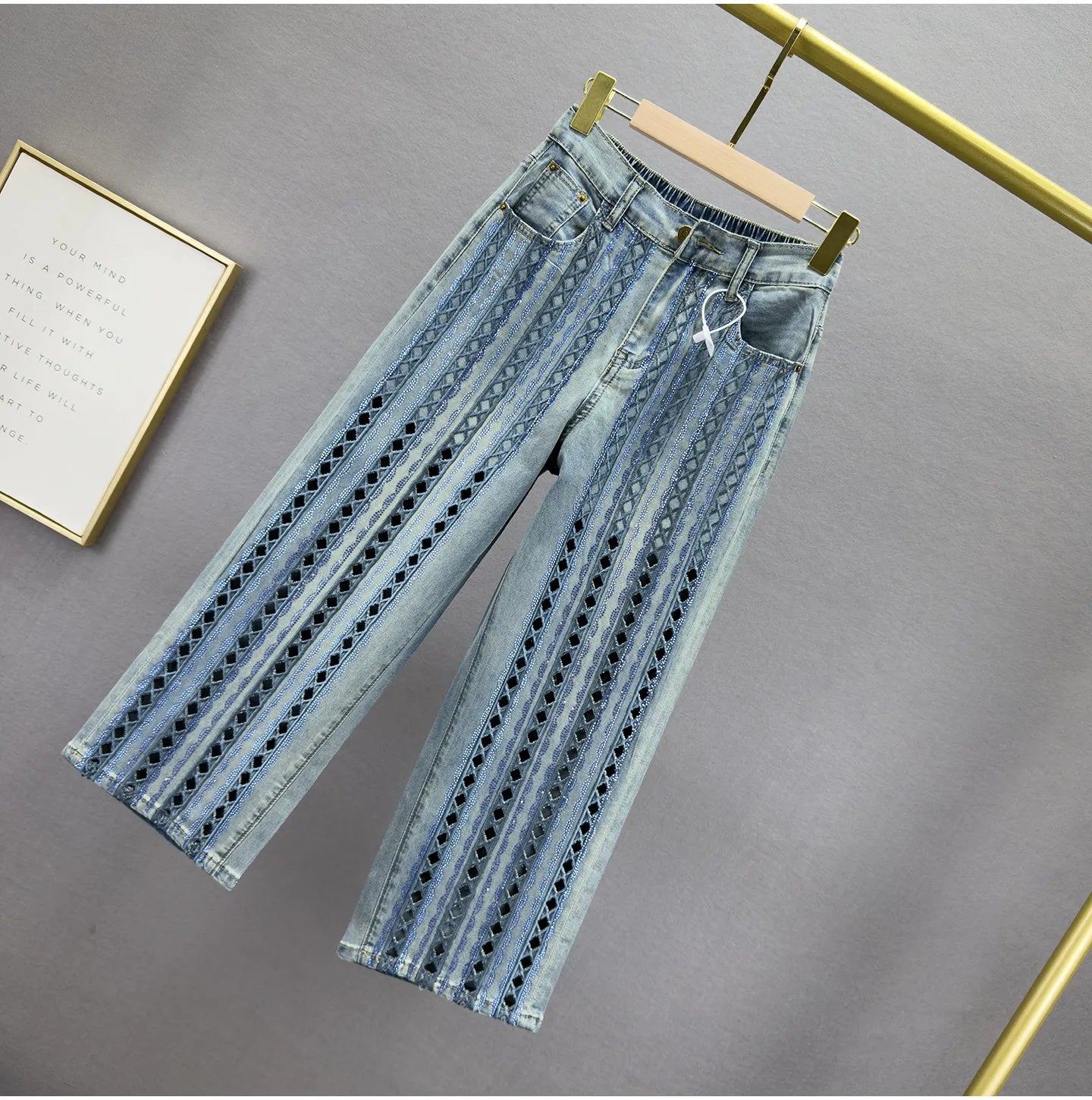Heavy Cut Out Hot Diamond Jeans Women's Cropped Pants Summer New Fashion Thin High Waist Loose Slimming Straight-leg Pants