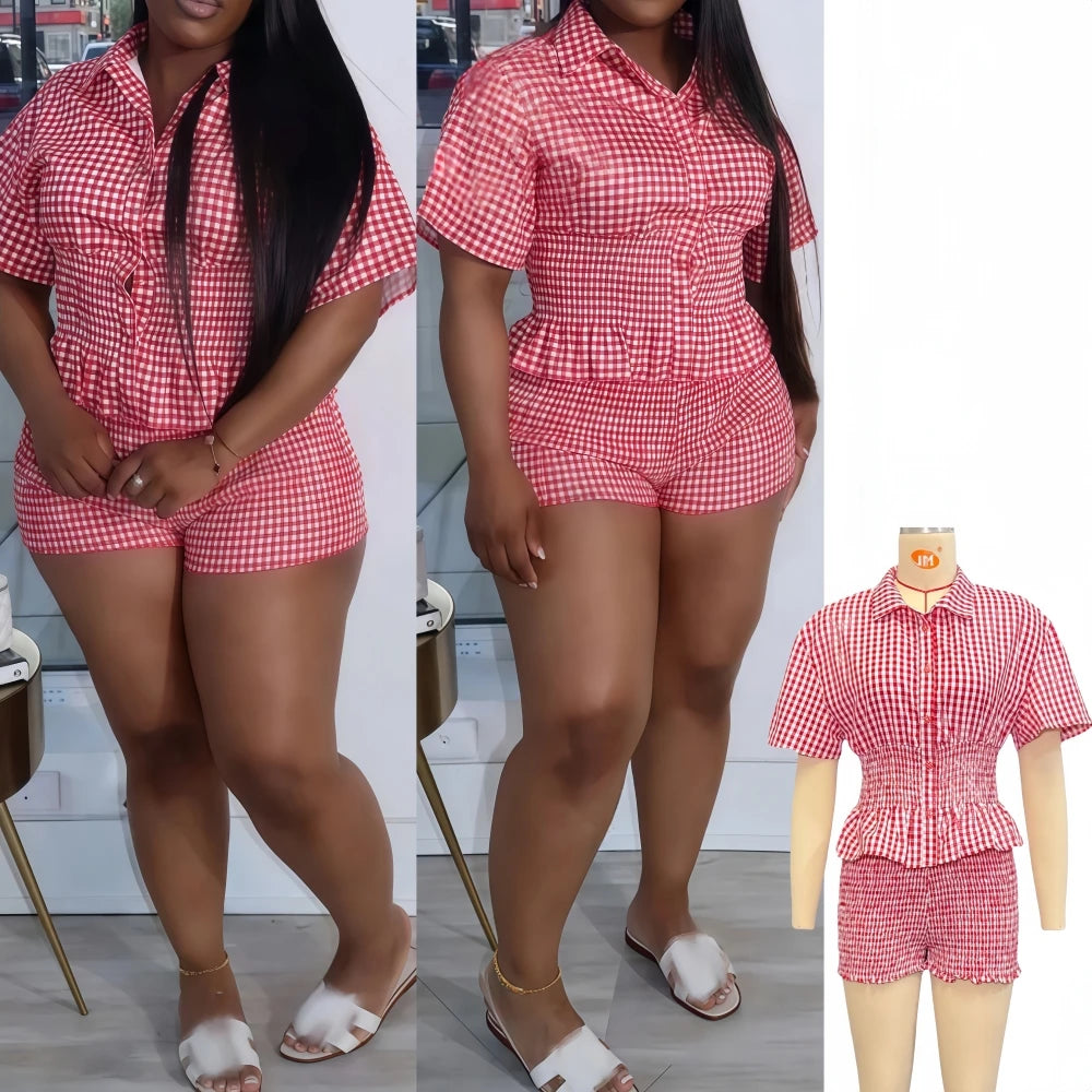 FAGADOER Casual Red Plaid 2 Pieces Set for Woman Short Sleeve Ruffle Patchwork Shirts and Shorts Outfit Female Streetwear New