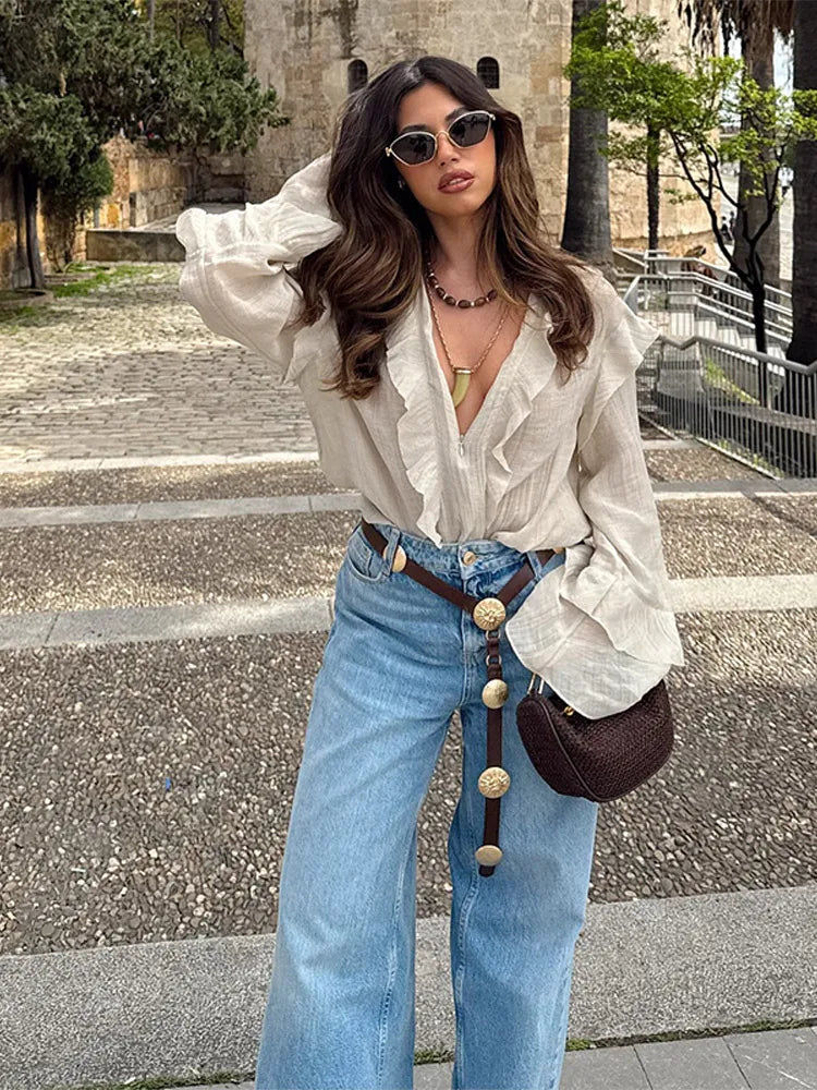 Women Shirt Loose Casual Ruffled Edges Female Blouses V Neck Lace Up Short  Woman Shirts Spring Summer Blouse Top 2025 New