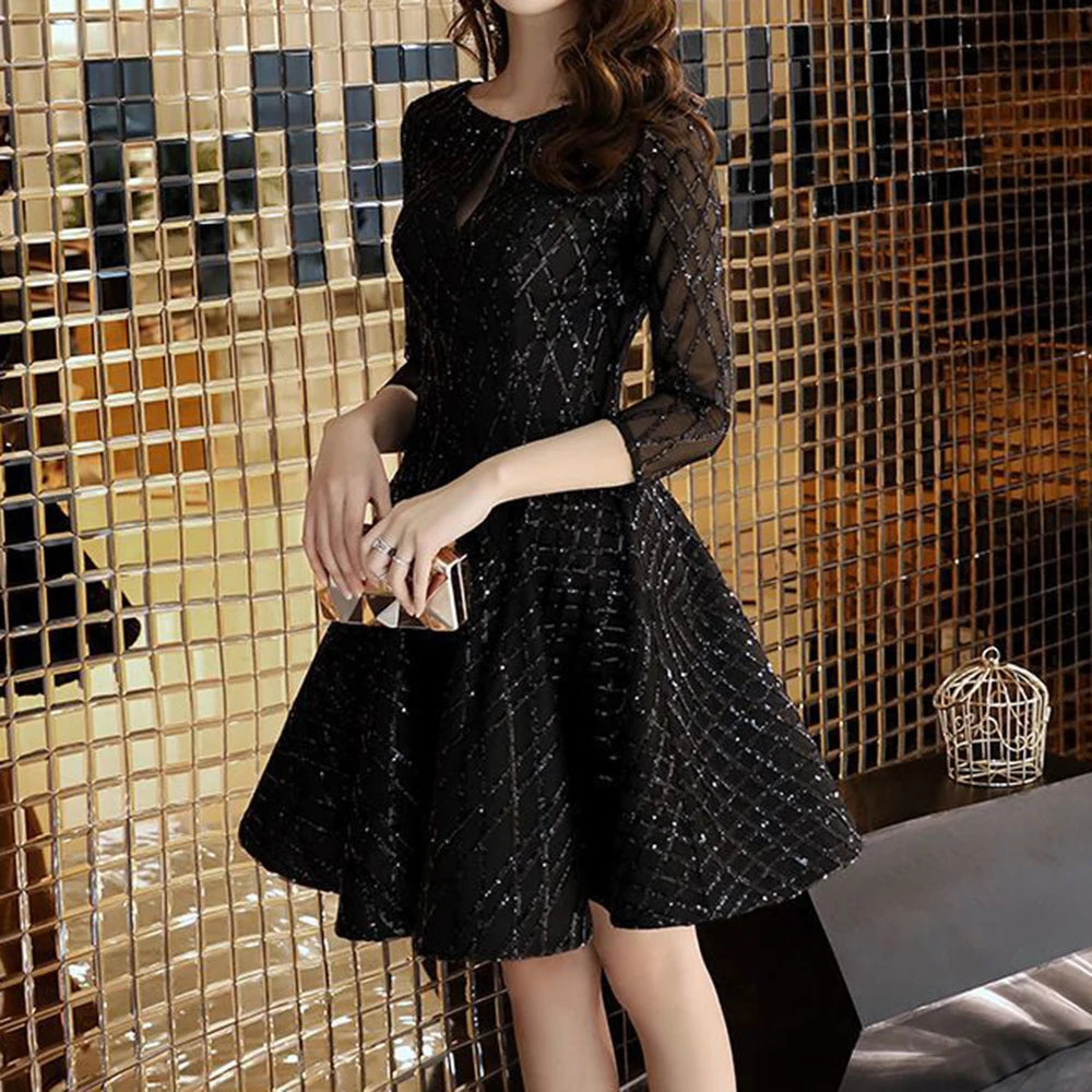 Black O-Neck Mid-Calf Evening Dress With Tatting For Women