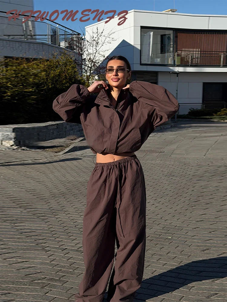 Solid Loose Suit Set with Stand Collar Crop Top and Drawstring Pants for Women