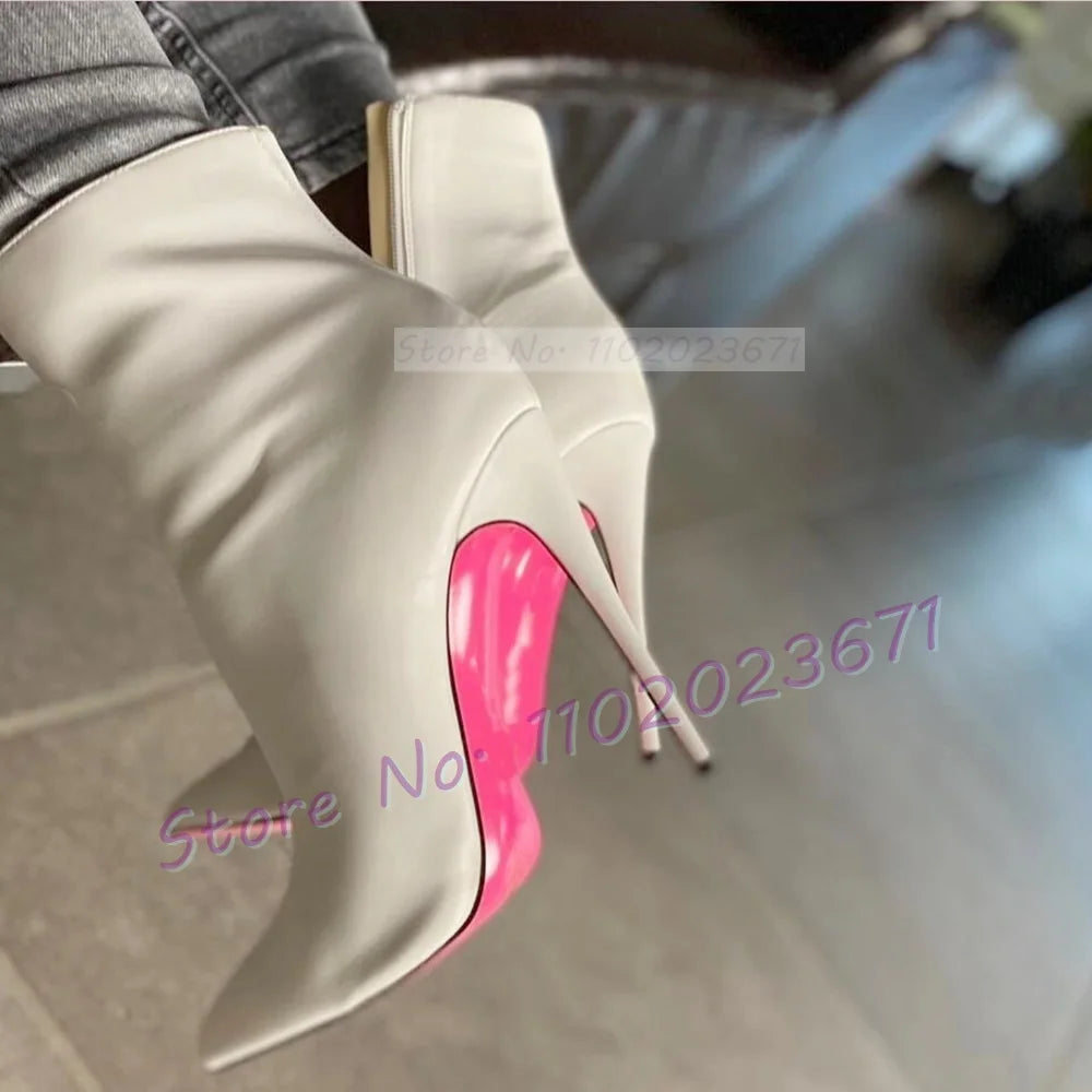 Pink Sole White Ankle Boots Women Pointed Toe Stylish Patent Leather High Heels Boots Female Elegant Casual Crocodile Shoes