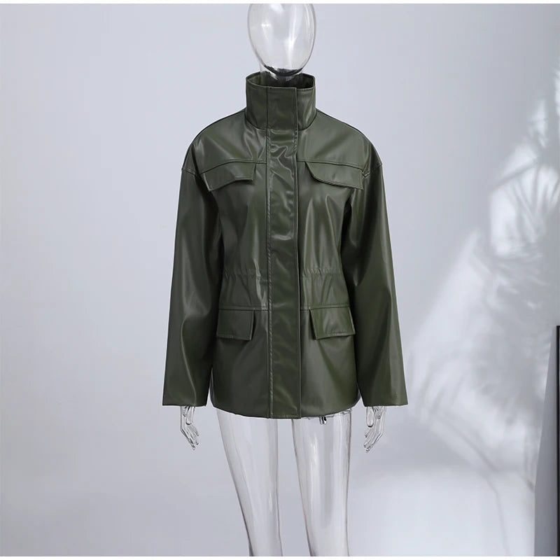 Vintage Cinched Waist Zipper Faux Leather Jacket for Women