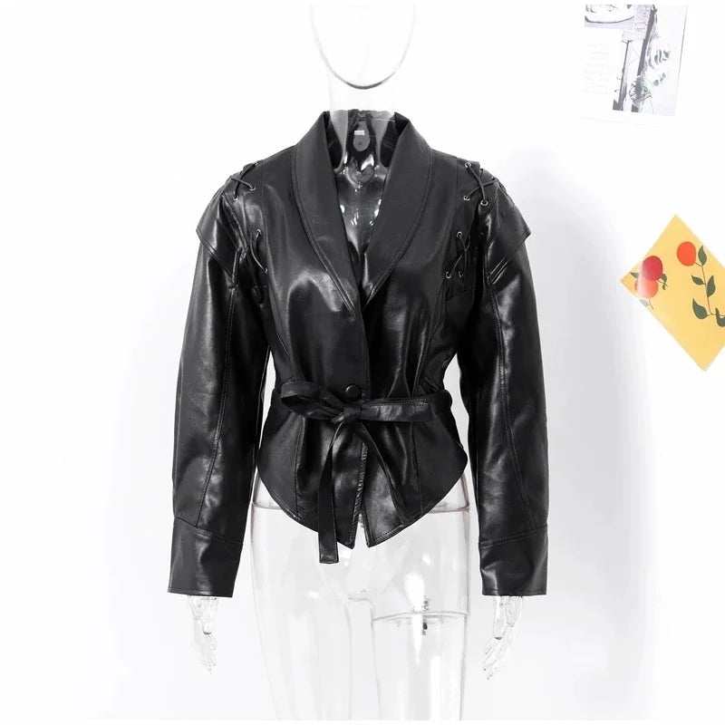Women Leather Bomber Jackets Coats With Belt Notched Shoulder Pads Motorcycle Street Chic Short Outwear Fashion Solid Lace Up
