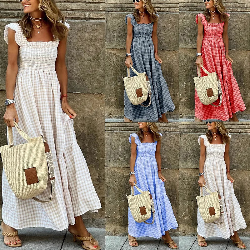 Flowy Plaid Backless Maxi Dress with Elastic Waist for Women