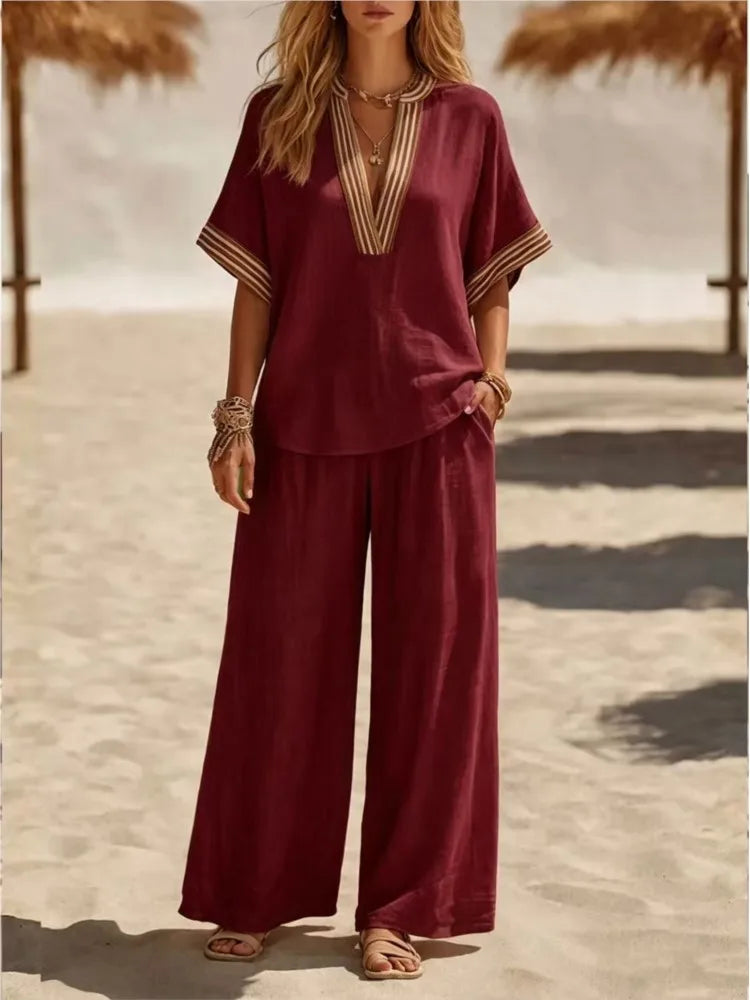 Striped V Neck Short Sleeve Two Piece Set for Women