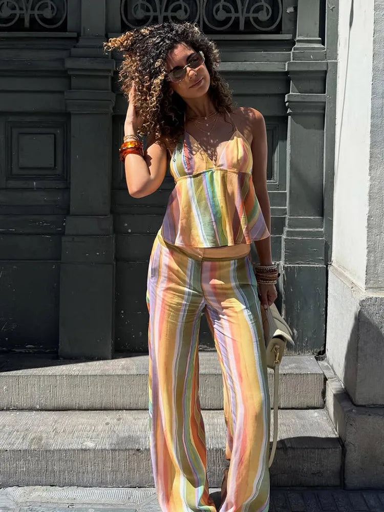 Cotton Striped High Waist Two Piece Summer Set For Women