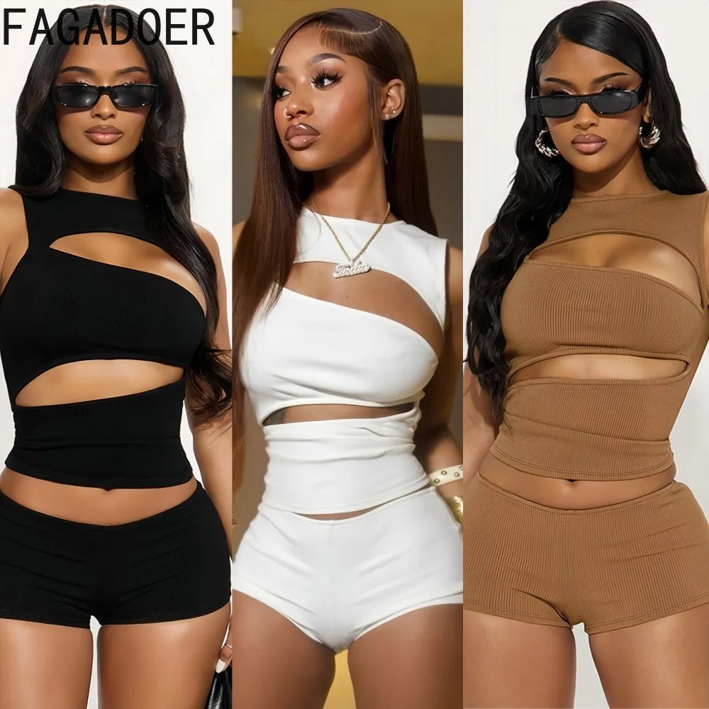 Hollow-Out Patchwork Crop Top and Shorts Set for Women