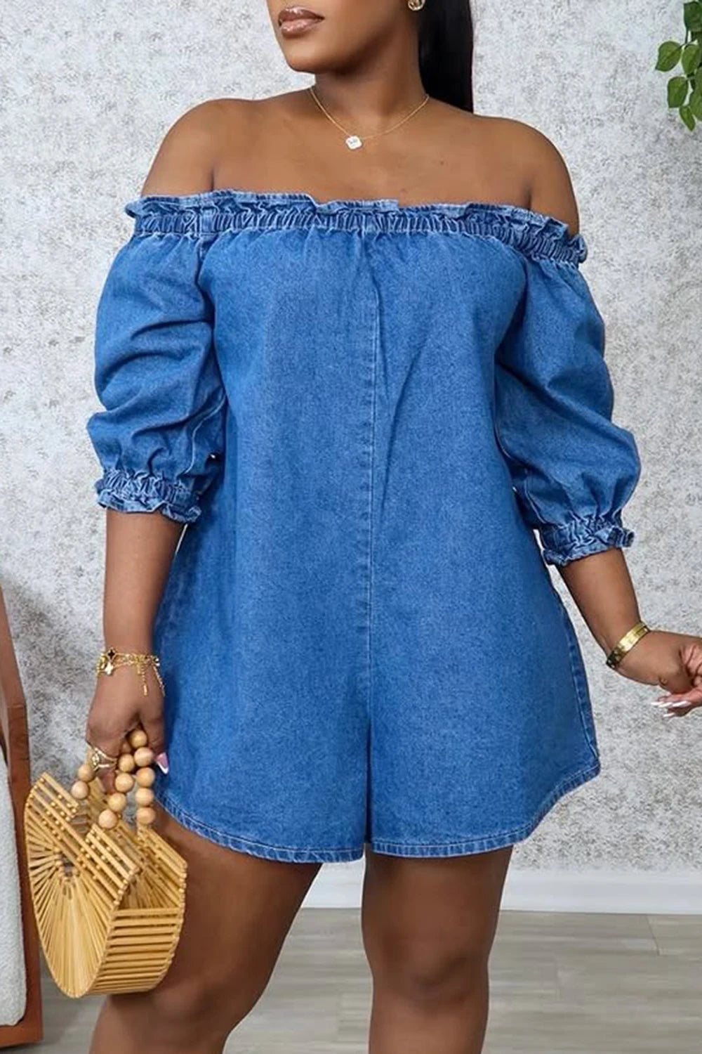 Casual Blue Off Shoulder Puff Sleeve Denim Rompers for Women