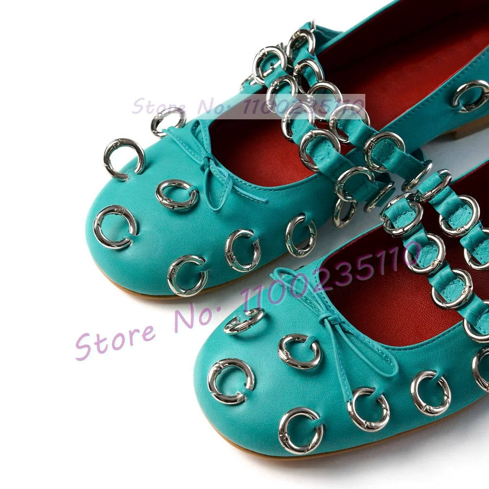 Elegant Round Toe Bow Detail Metal Loop Ballerina Sandals for Women