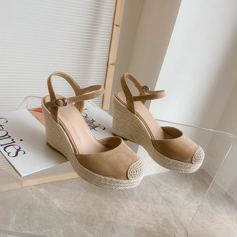 Elegant Apricot Suede Wedge Platform Sandals for Women