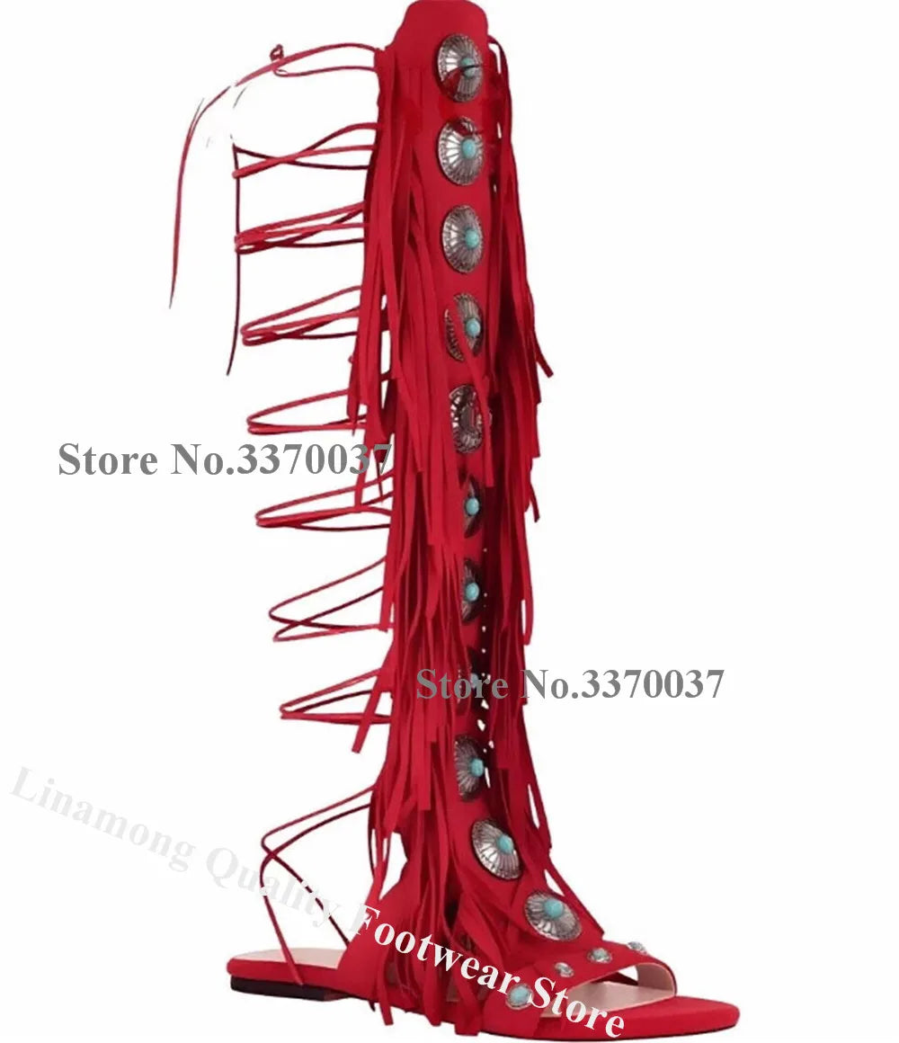 Open Toe Rhinestone Suede Fringe Gladiator Boots for Women
