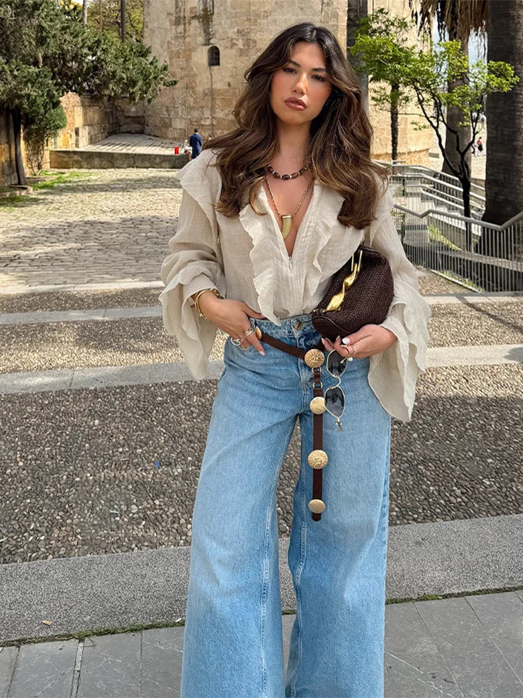 Women Shirt Loose Casual Ruffled Edges Female Blouses V Neck Lace Up Short  Woman Shirts Spring Summer Blouse Top 2025 New