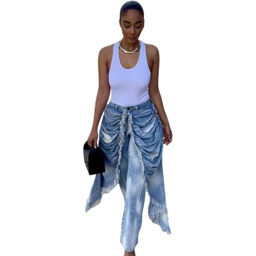 Washed Patchwork Denim Straight Pleated Pants For Women