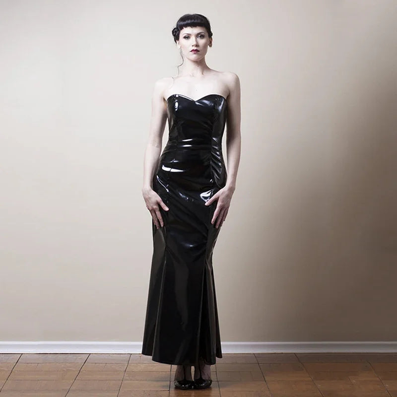 Strapless Black Mermaid Faux Leather Evening Gown for Women