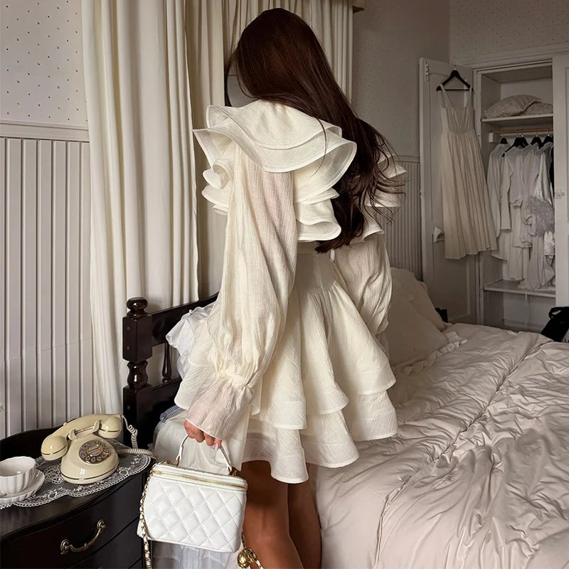 Ruffle Neck Tie Waist Long Puff Sleeves Mini Dress For Women