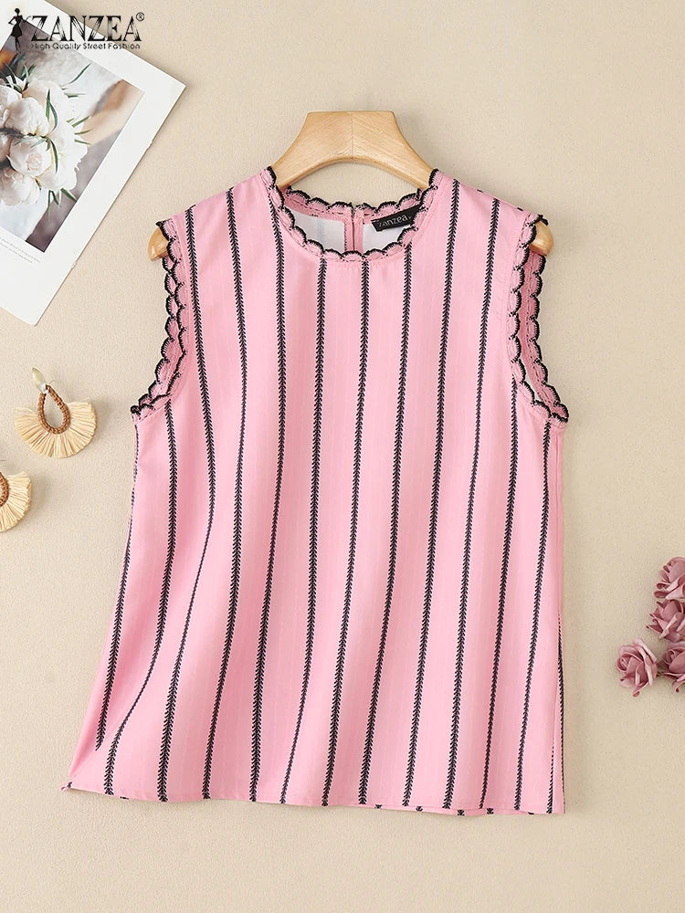 ZANZEA Women Fashion Striped Tanks Elegant Lace Trim Round Neck Sleeveless Tops 2025 Summer Lightweight Casual Tank Tops