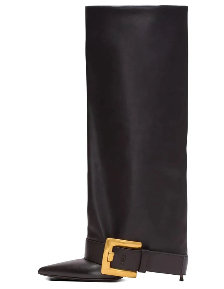 Design Women Metal High Heel Pointed Toe Belt Buckle Knee High Boots Sexy Women Pointy Gold Belt Buckle Knee Boots Plus Size 46