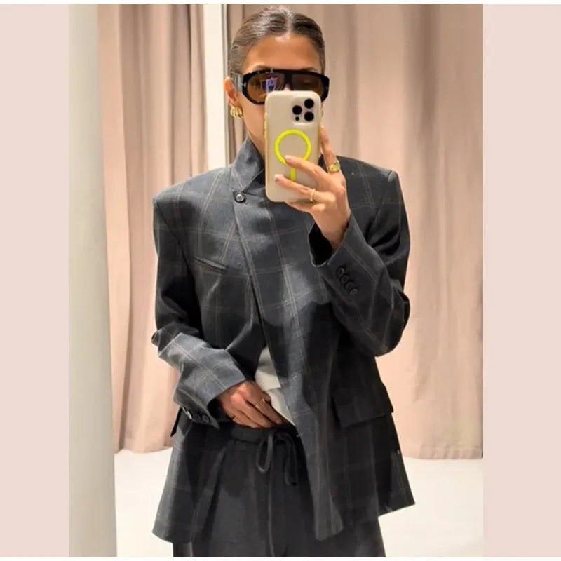 Vintage Plaid Lapel Blazer and Shorts Set for Women