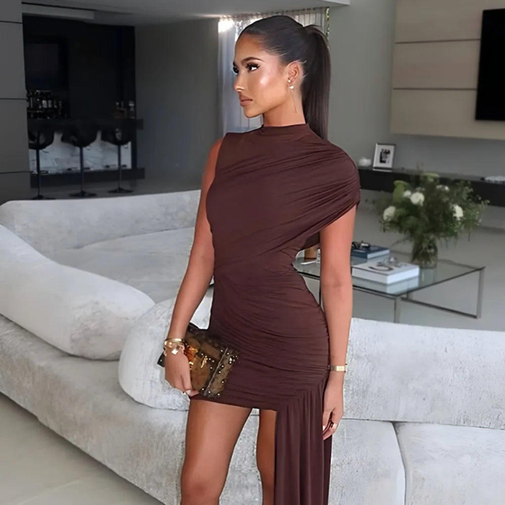 Elegant Irregular Pleated Tassel High Waist Mini Dress for Women