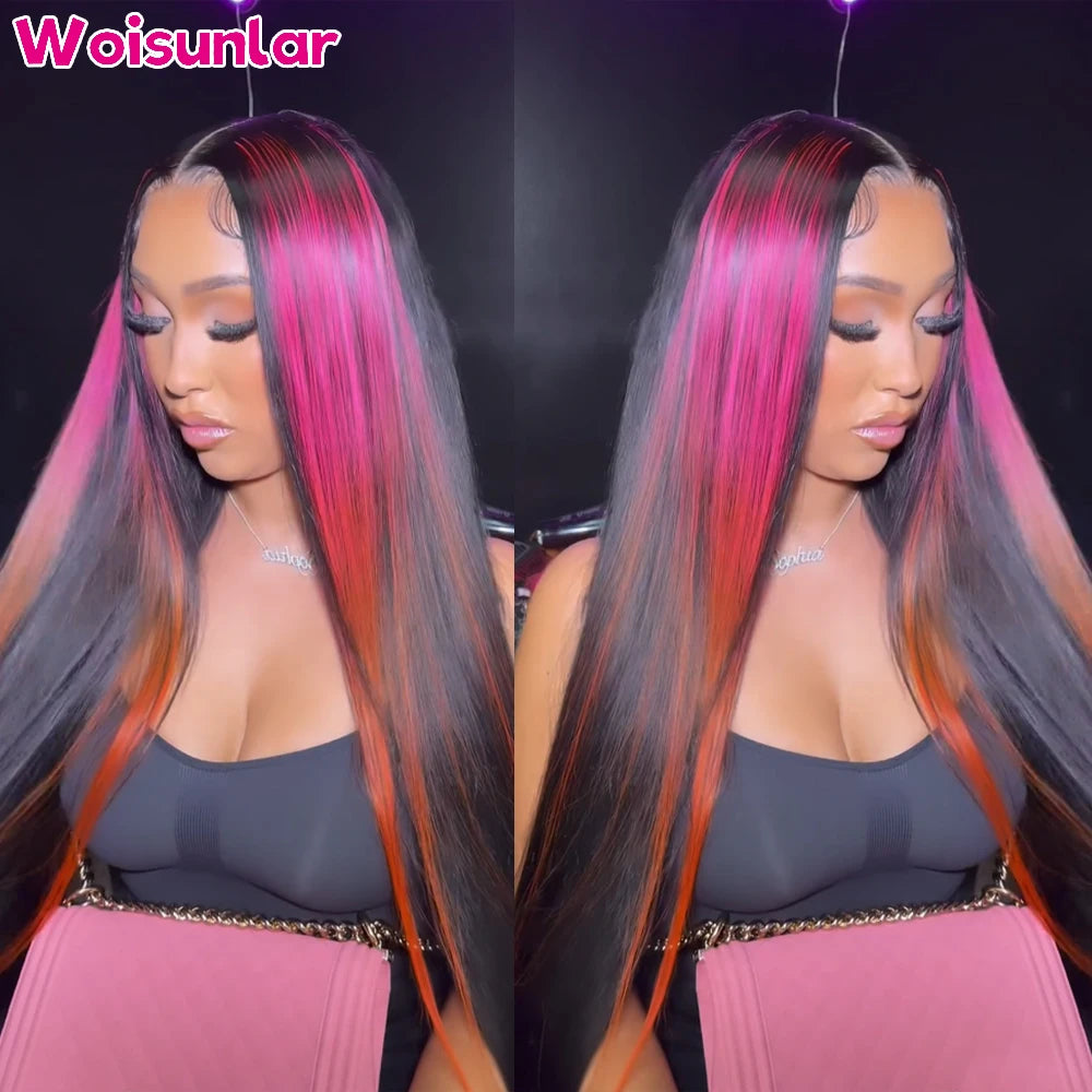 Highlight Pink Yellow and Black Lace Front Human Hair Wigs Straight 200% For Women 13x6 13x4 Transparent Lace Human Hair Wig 100
